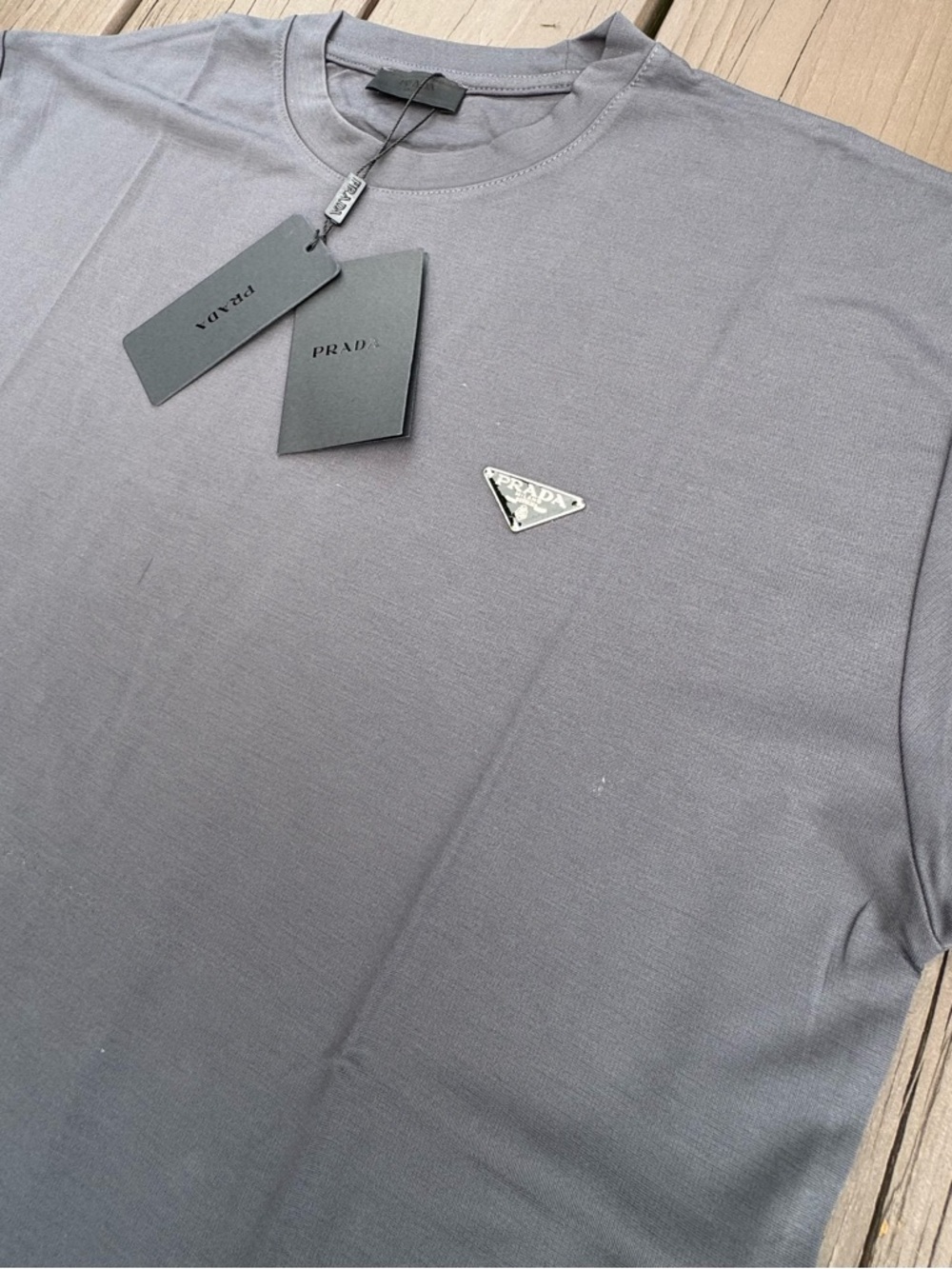 Prada Men's Crewneck Tee in Gray with Silver Triangle Logo